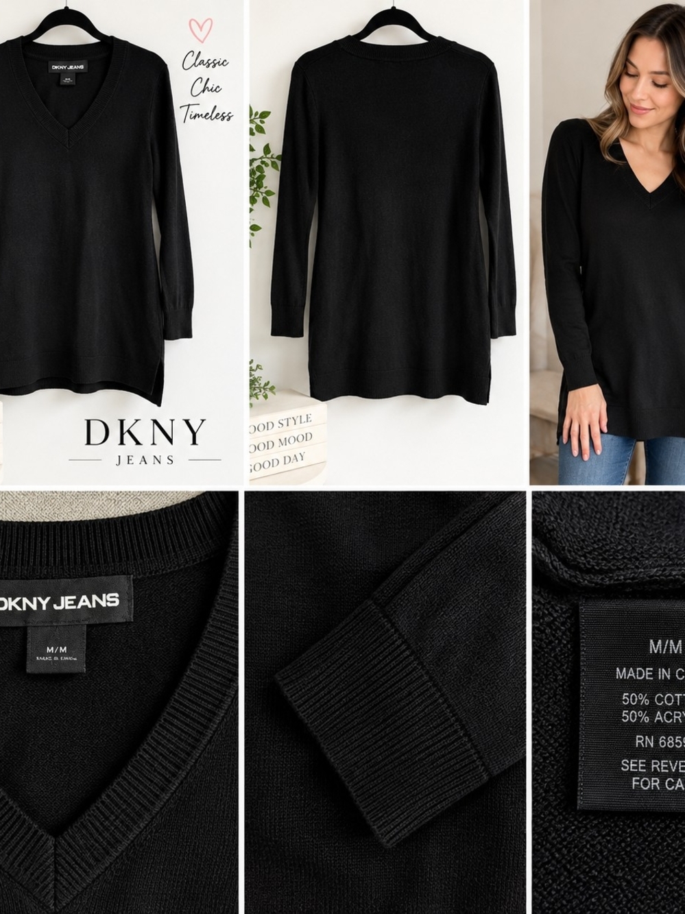 Dkny Black V-Neck Long Sleeve Sweater